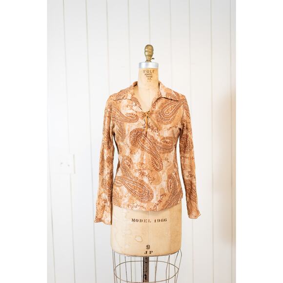 Vintage Y2K Boho Blouse M, Brown Cream Paisley Sheer Lace-Up V-Neck Hippie Shirt - Picture 10 of 13
